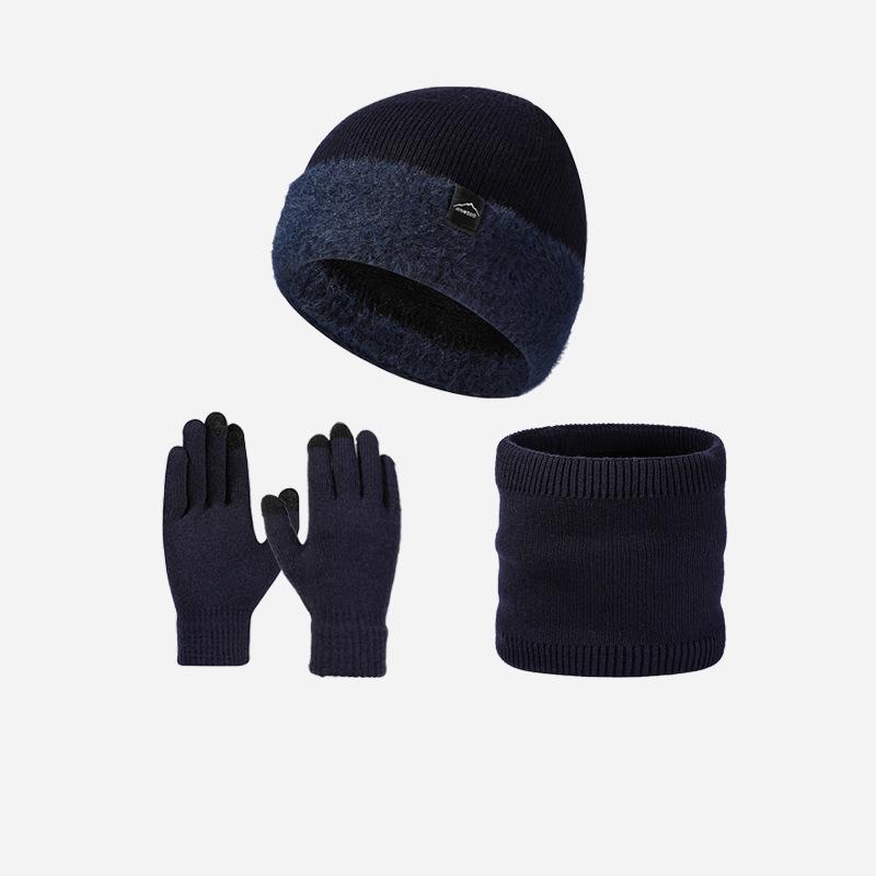 Winter Men's Knitted Hat Scarf Gloves Warm-Keeping Kit Large-Head Velvet Thick Wool Hat