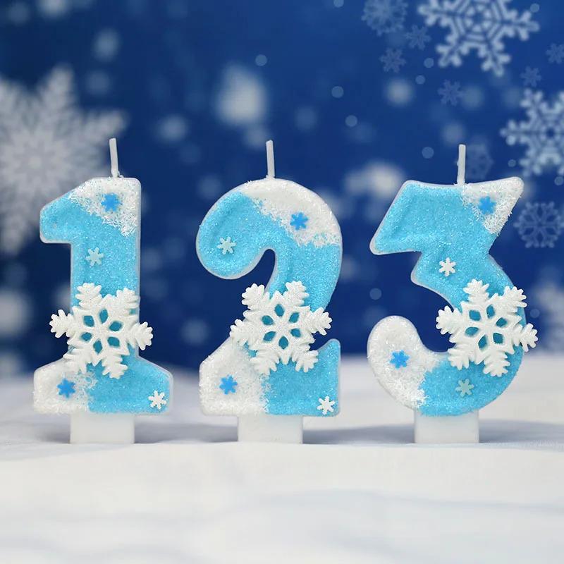 Snowflake Birthday Candles 0-9 Numbers Blue Snowflake Glitter Cake Candles Children's Girls' Birthday Party Cake Decorations
