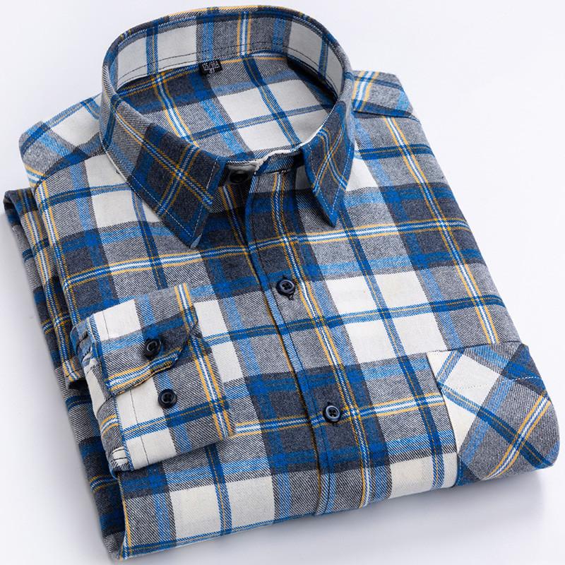 Oversized S~6XL Men's Plaid Shirt Long Sleeve Autumn Spring Soft Standard Fit 100% Cotton Brushed Outerwear Casual Man Clothing