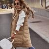 Winter Waistcoat Women Vest Coat Hooded Solid Color Zipper Closure Drawstring Padded Sleeveless Thick Mid Length Windproof Warm Lady Long