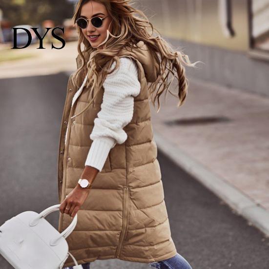Winter Waistcoat Women Vest Coat Hooded Solid Color Zipper Closure Drawstring Padded Sleeveless Thick Mid Length Windproof Warm Lady Long