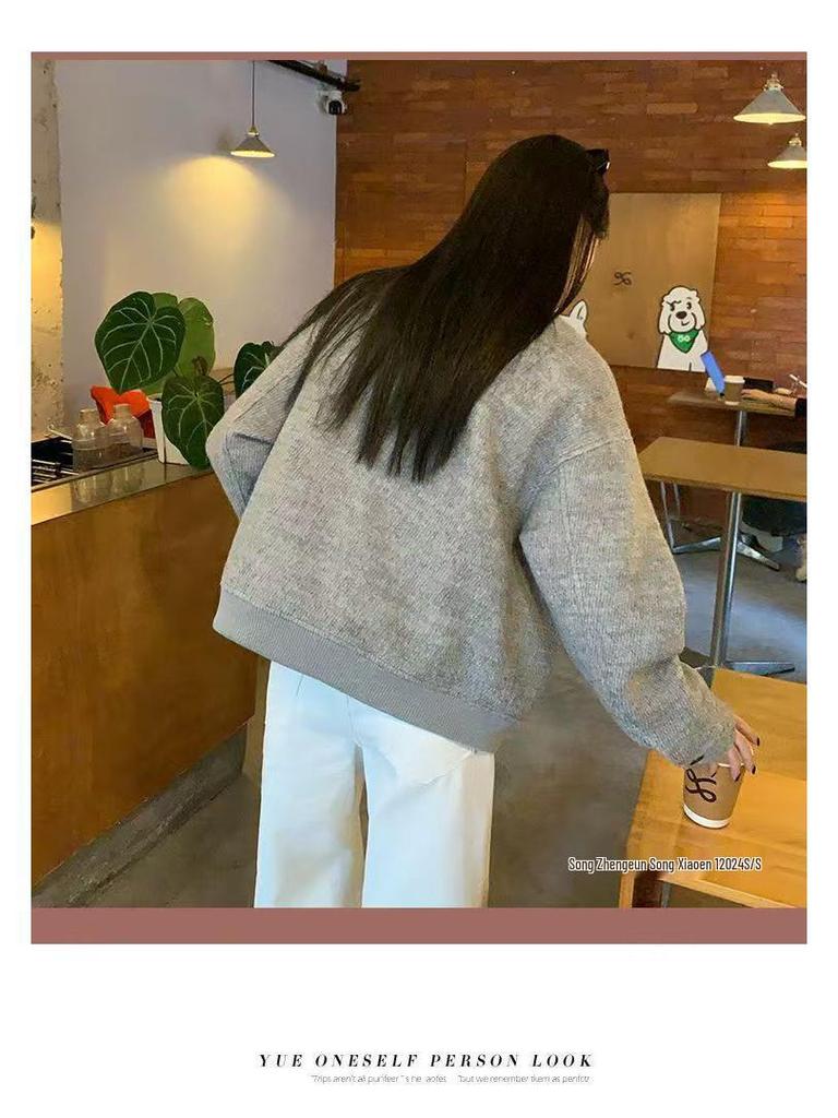 American Retro Gray Wool Blend Stand Collar Jacket - Women's Casual Autumn/Winter Top