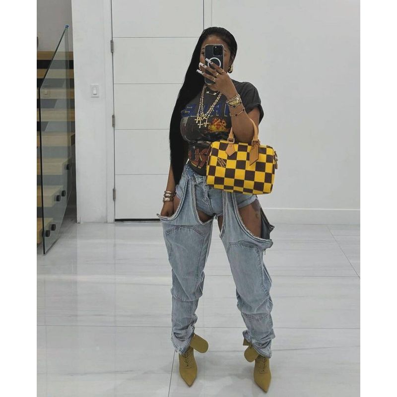 51089 Amazon Cross-Border Fashion Fashion Asymmetrical Hollow Stitching Zipper Stretch Denim Sky Blue S