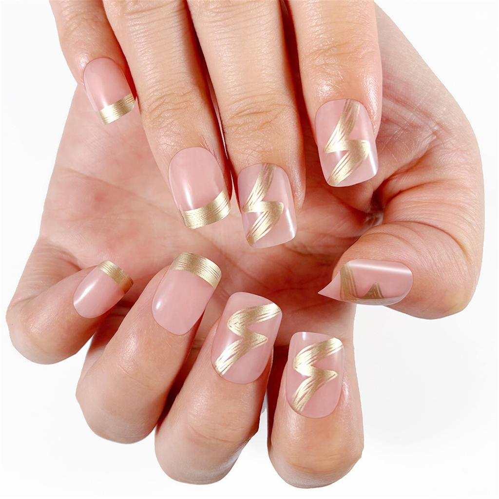 24Pcs Short Square Press on Nail Full Cover False Nail Glossy Gold French Tips Stick On Nail for Women and Girls