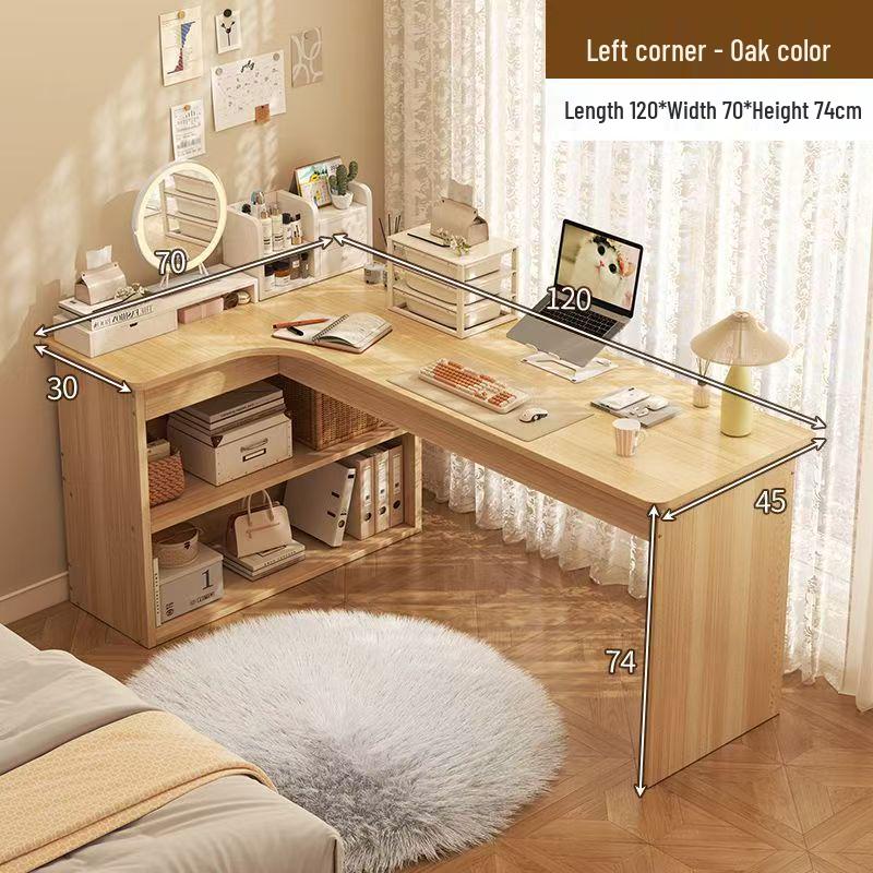 Compact Corner Computer Desk with Integrated Bookshelf & Vanity for Bedroom or Home Office