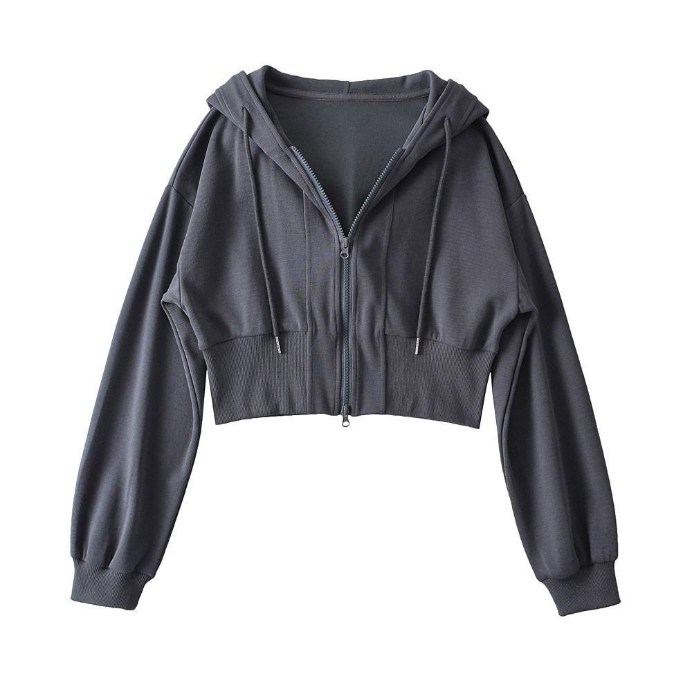 Women's Trendy European & American Double Zipper Hooded Sweatshirt - Solid Color, Loose Fit, High Waist Casual Jacket