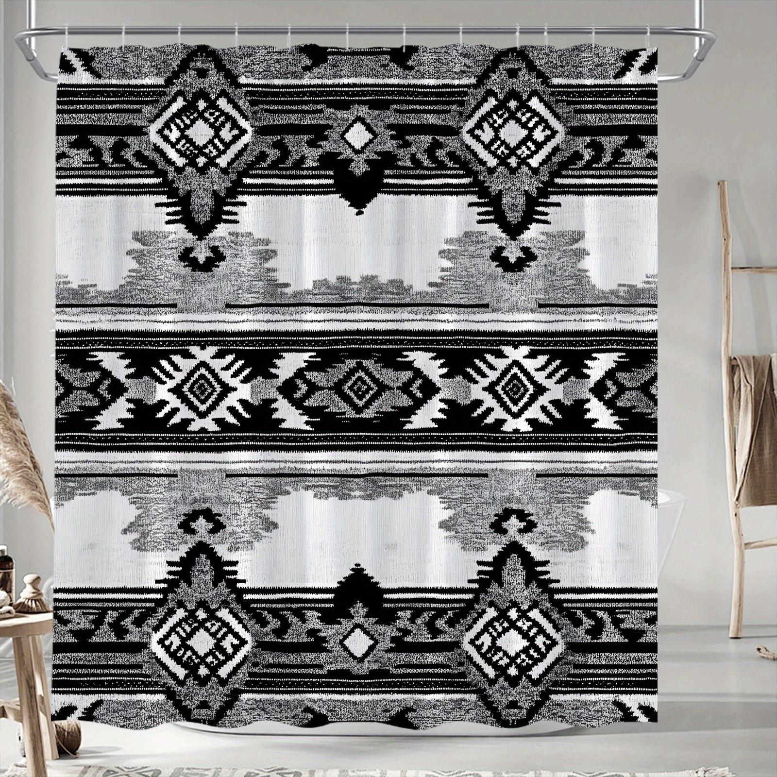 1Pc Southwestern Navajo Blanket Shower Curtain, Black & White Geometric Pattern, Digital Drawing, 70X70 Inch, 12 Hooks W60H190(CM)-1 Pcs