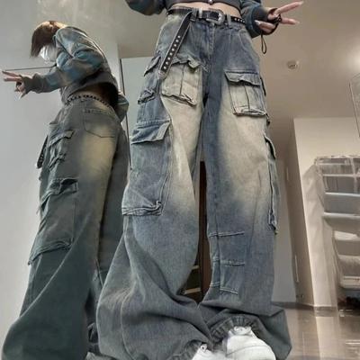 2024 vícekapsový design High-street Cargo Kalhoty Dámské Široké nohavice Trendy Niche Pratelné Džíny s vysokým pasem Dámské Y2k Baggy