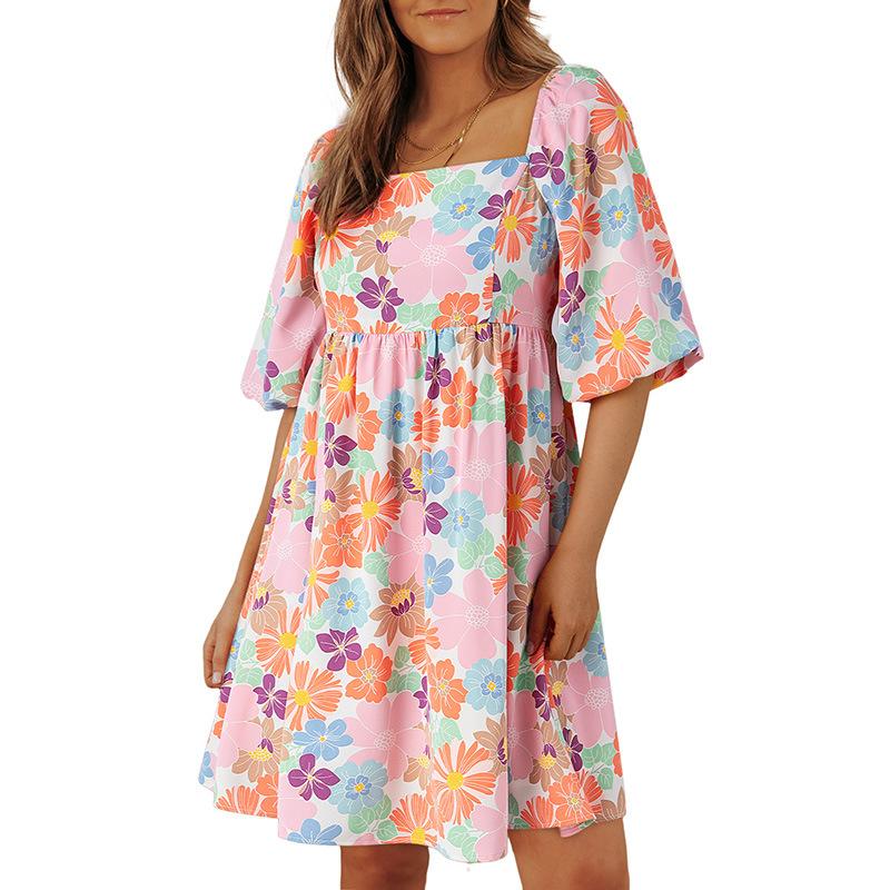 YYFS Women's Fashion Summer Spring Flower Pattern Print Short Sleeve V-Neck Loose Waistline Casual Dresses