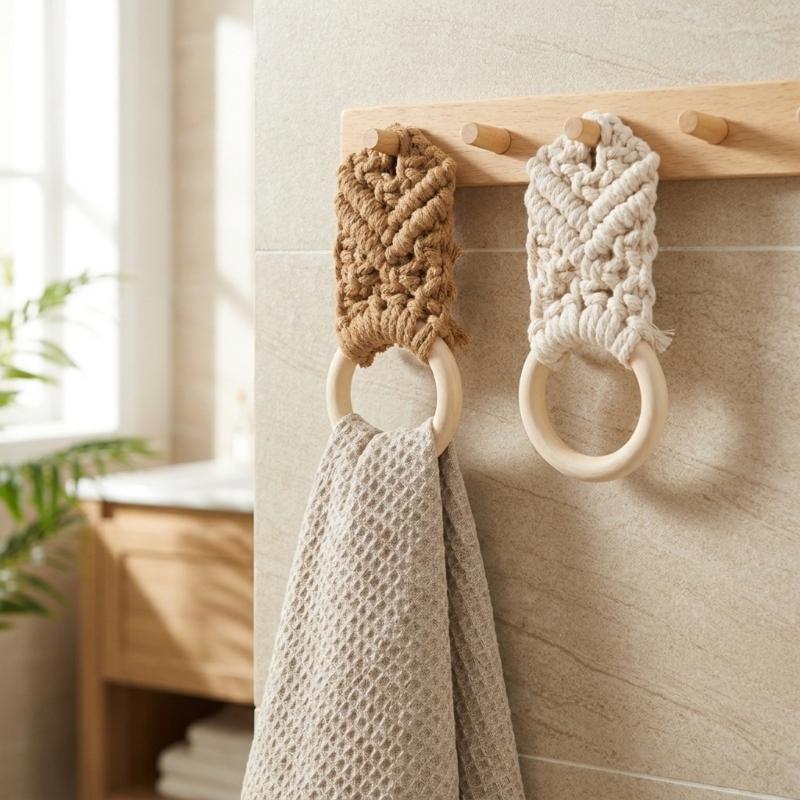 2 Pack Elegant Wooden Cotton Rope Towel Rings Hand Woven Bathroom Accessories For Home Decoration