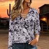 Women Plus Size Crisscross V Neck Long Sleeve Top Grey Purple Ink Splash Camo Print Casual Fashion Blouse
