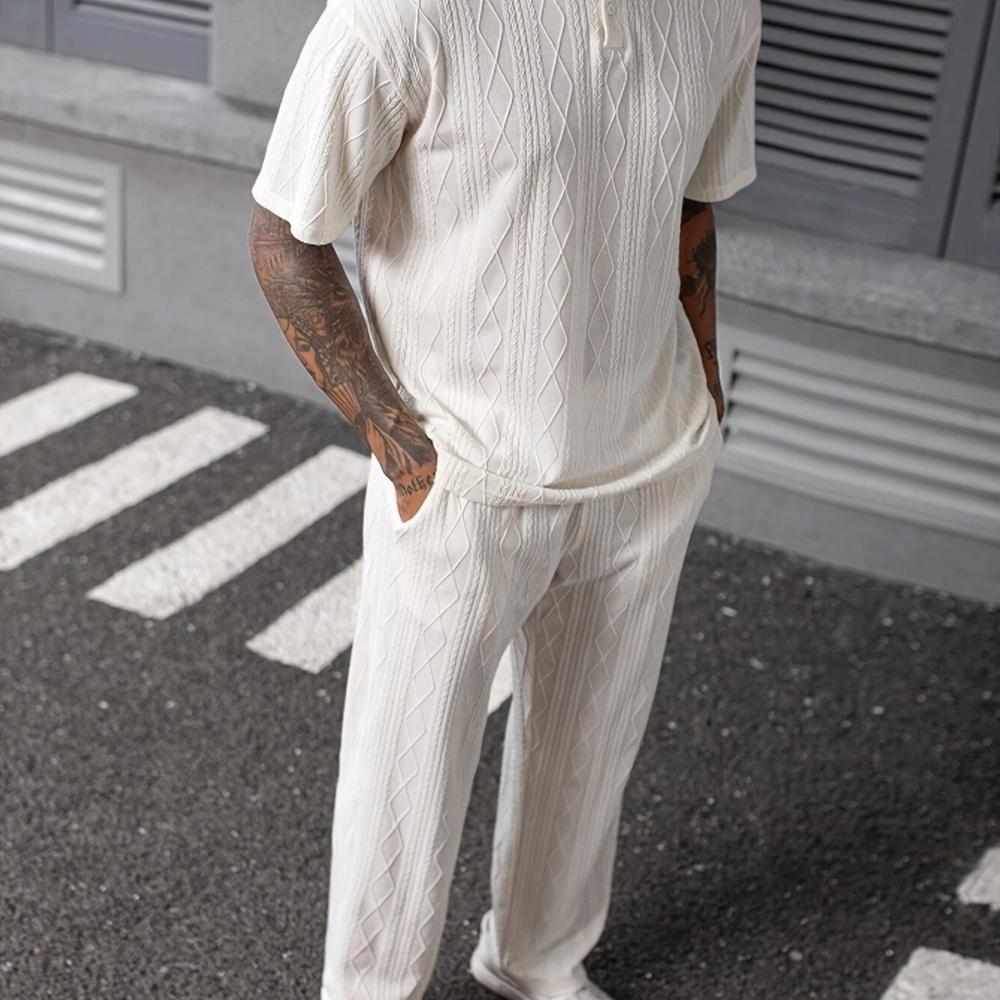 

2025 Новая летняя мода мужская повседневная рубашка с короткими рукавами, однотонные длинные брюки с короткими рукавами, комплект из двух предметов S белый