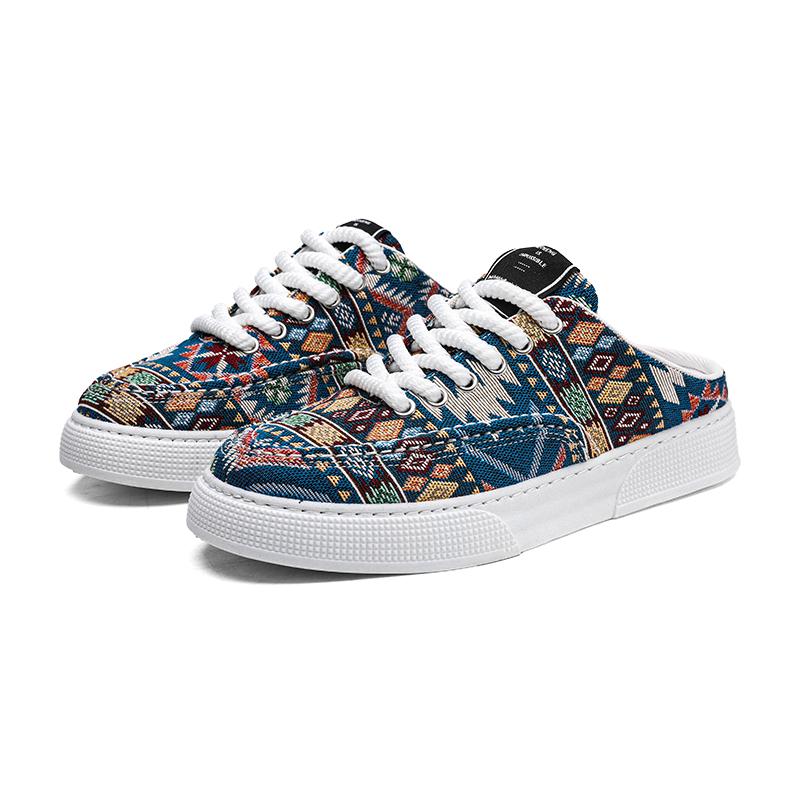 Men Half-slippers Summer New Sneakers Casual Mens Designer Ethnic Style Board Shoes Fabric Breathable Increased Internal