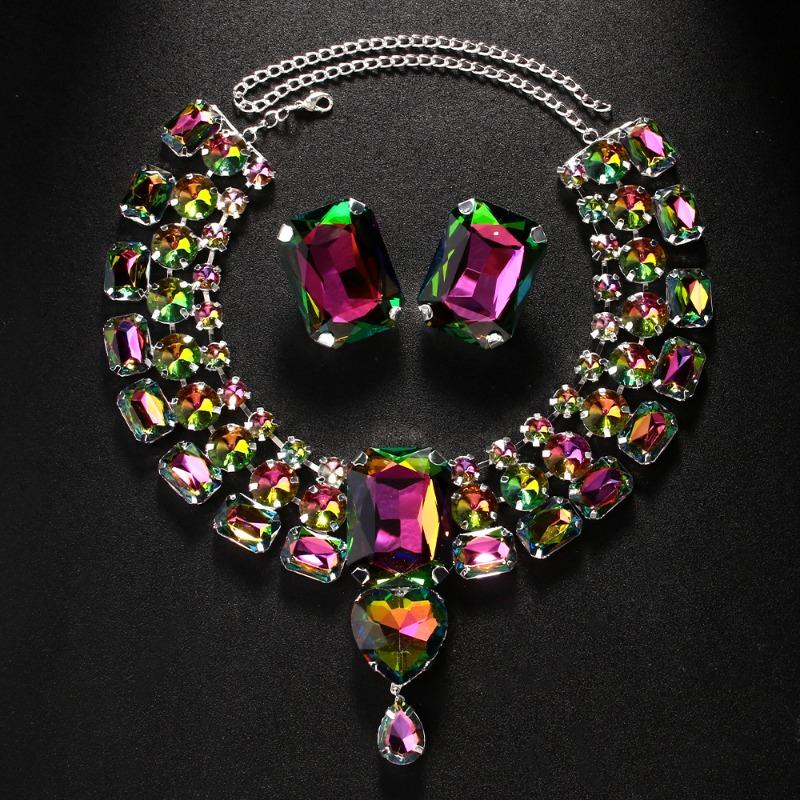 Colorful Jewelry Set Square Earrings Multi-layer Water Drop Collarbone Chain Jewelry Jewelry Set