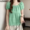 Women Summer Off Shoulder Short Sleeve Lace Crochet Back Patchwork Casual Blouse