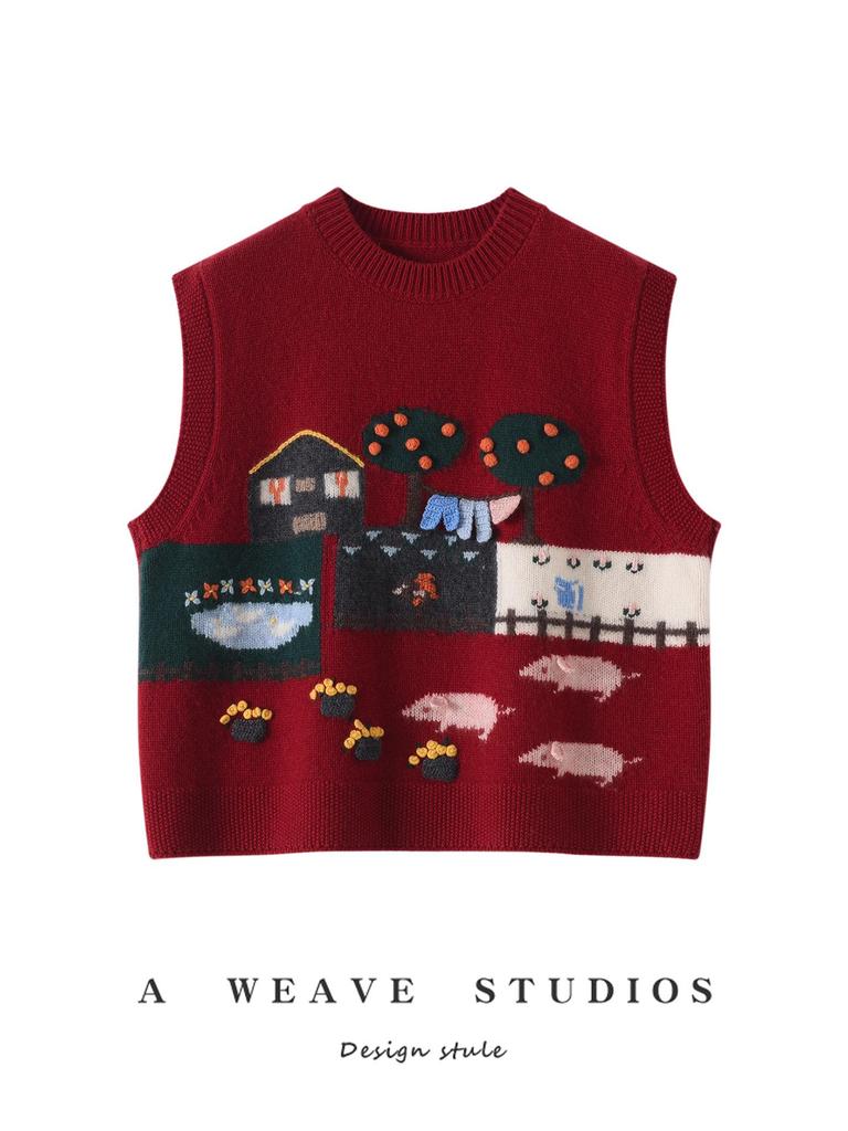 Spring & Autumn Hand-Knitted Sleeveless Cashmere Jacquard Vest - Retro Round Neck, Loose Fit