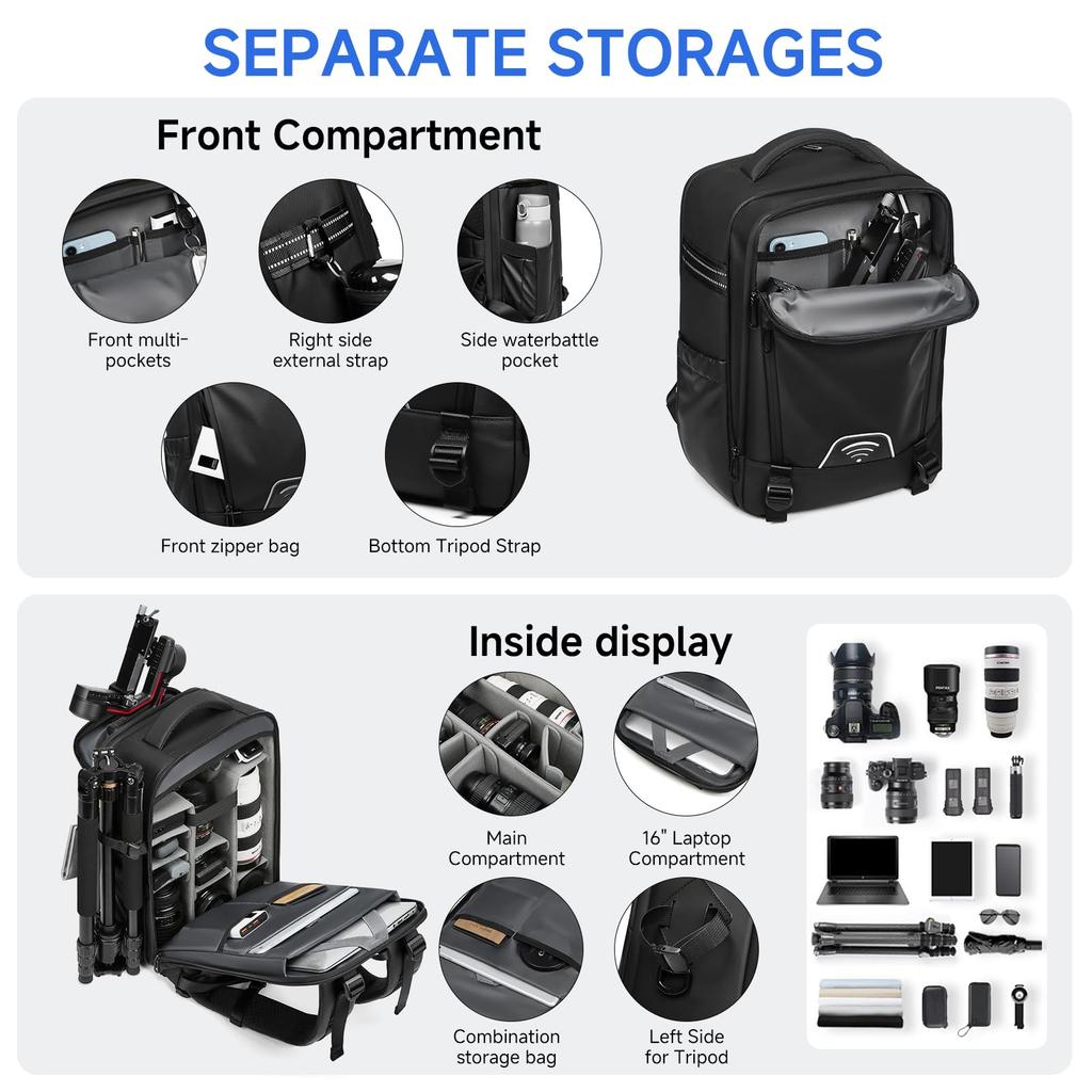Camera Bag Large Capacity Side Compatible with DSLR and Adjustable Photography Bag [Sea choice] Backpack, Expandable, 20L+2L, Access, Cameras,