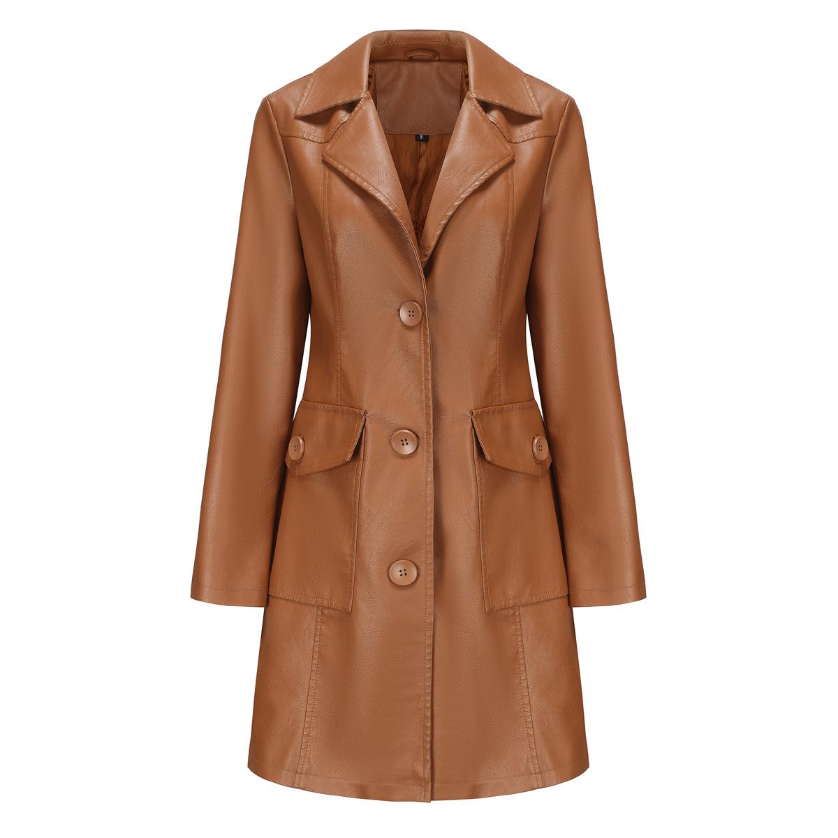 2023 Damen Europäischer und Amerikanischer Langer Leder-Trenchcoat - Frühling/Herbst, Langarm, Britischer Stil, Revers, Einreihig. S kamelfarben