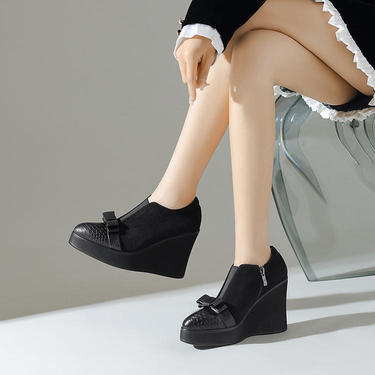 Platform bow wedge heel leather shoes 2025 spring 10.5cm super high heel splicing sheepskin small leather shoes
