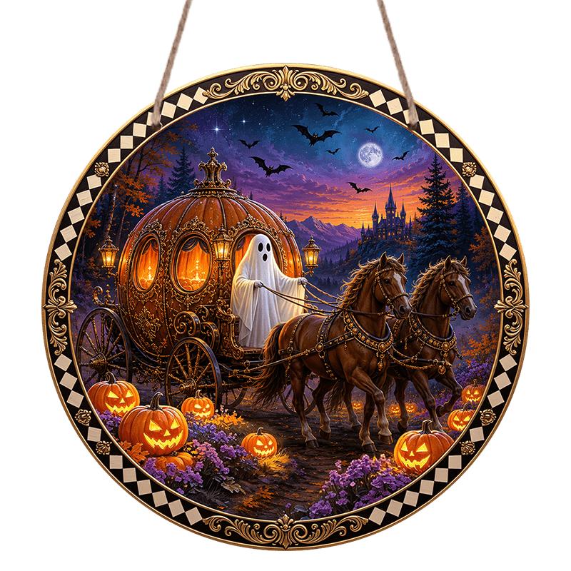 2D Flat, 1pc Round Aluminum Hanging Sign, Magical Night Sky Ghost Pumpkin Coach Horse Purple Floral Checkered Border Print Wall Sign, Halloween 7.87×7.87inch