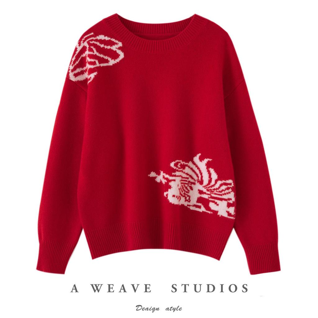 Women's Zodiac Year Red 100% Pure Wool Jacquard Sweater - Cozy, Soft, and Loose Fit