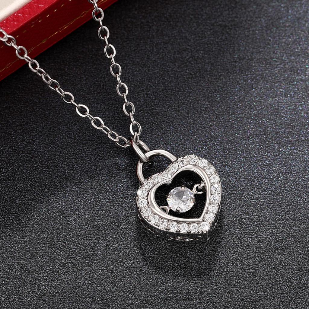 Floating Round Cubic Zirconia Double Layer Heart Lock Pendant Ins Women Clavicle Necklace