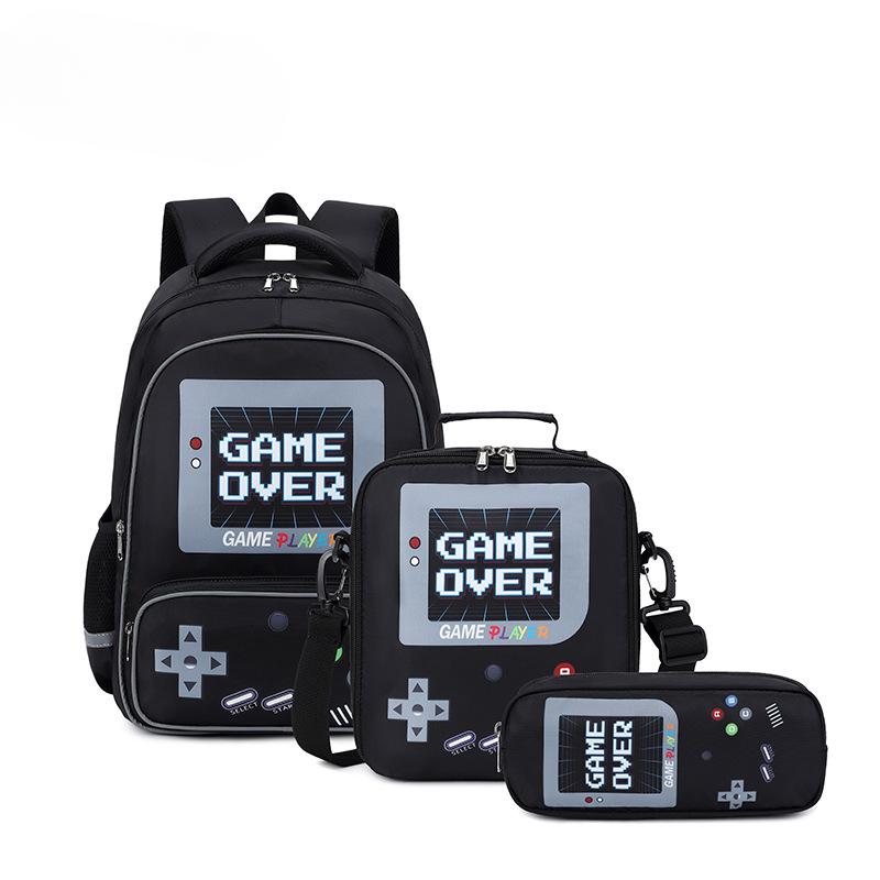 Three-piece Set of Primary School Student Backpack and Game Console with Zipper Lightweight Load-reducing and Spine-protecting Backpack