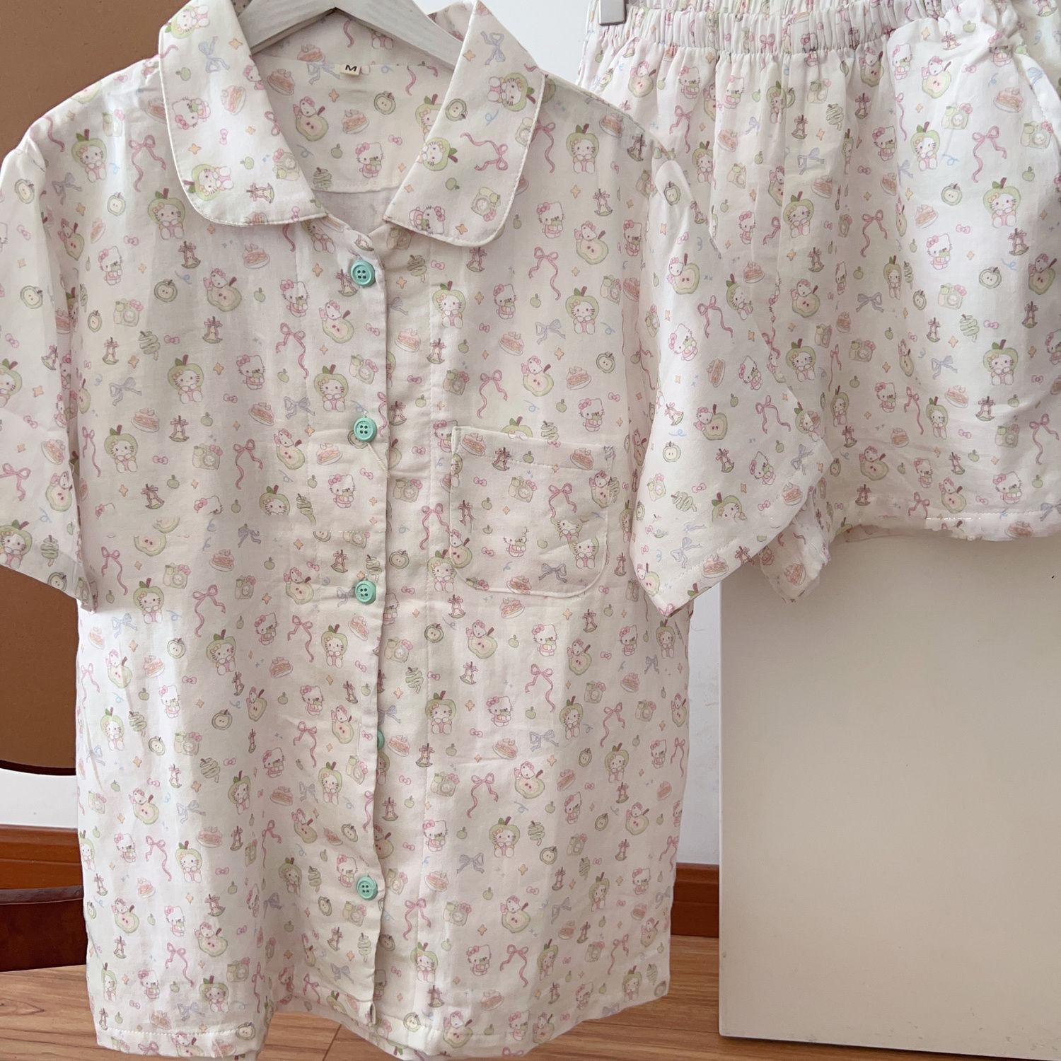 

Soft and cute full print blue apple Hello Kitty doll collar pajamas women s summer short-sleeved shorts two-piece loungewear S