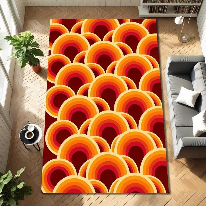 Retro Zonsondergang Boog Patroon Vloerkleed Oranje Groovy Kleed voor Funky Woonkamer Decoratie, Boho Kleuraccent Stijl of Levendige Vloerkunst 120x160cm