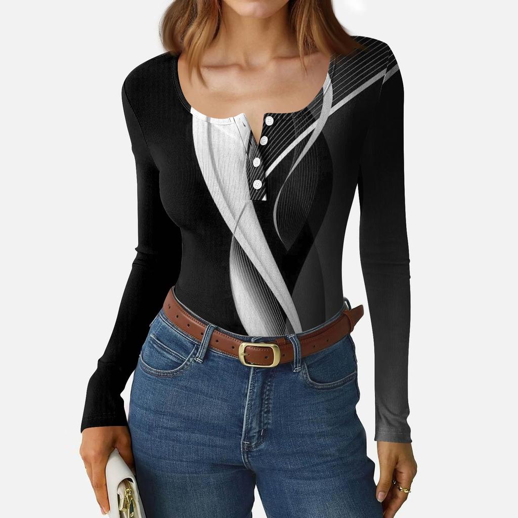 Women's Slim Bottom T-shirt Fashion Casual Gradient Printing Round Neck Pullover Long Sleeve Top