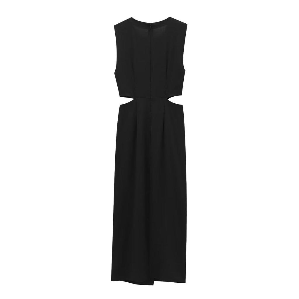 European & American Women's Chic Sleeveless Long Dress with Buckle Detail - Autumn/Winter Collection