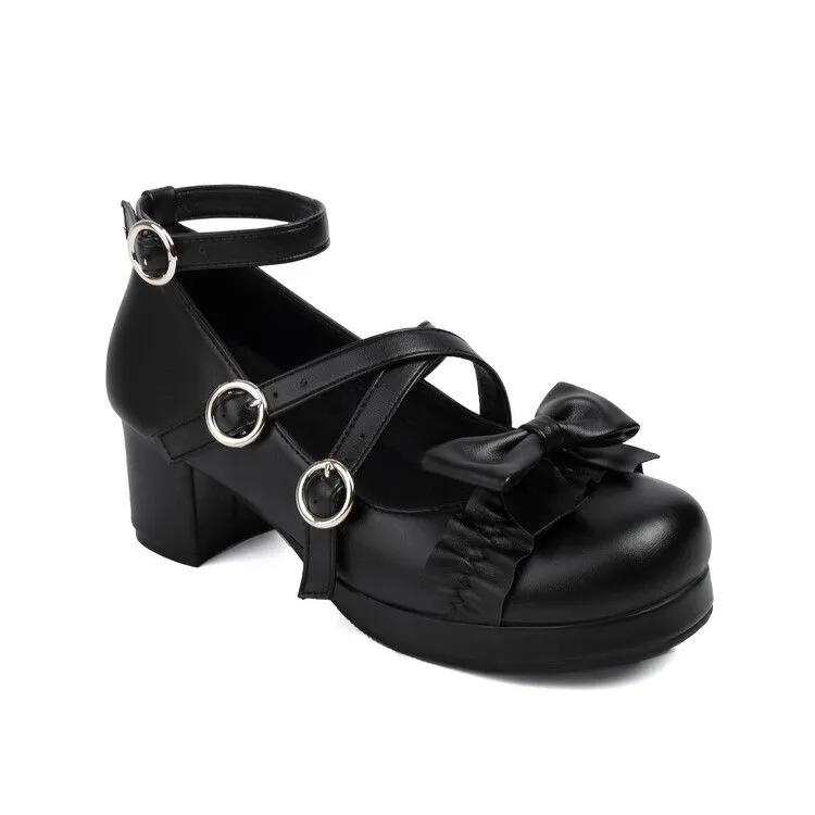 Plus Size Summer Lolita Chunky Heel Single Shoes With Bow and Crossed Straps for Women