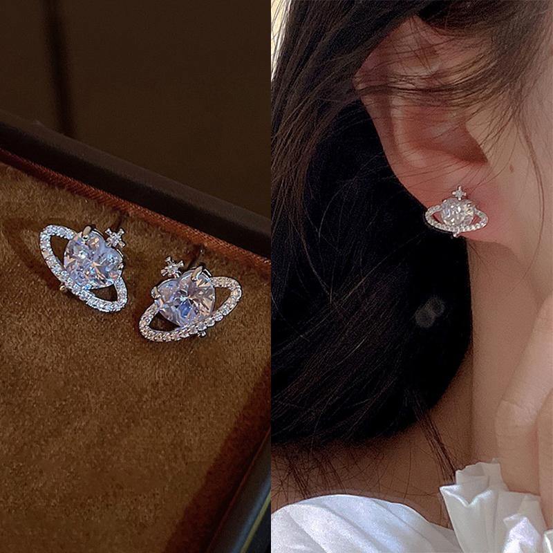 Korean Shine Zircon Planet Earrings Women French Retro Personality Simple Design Versatile Temperament Stud Earrings Jewelry