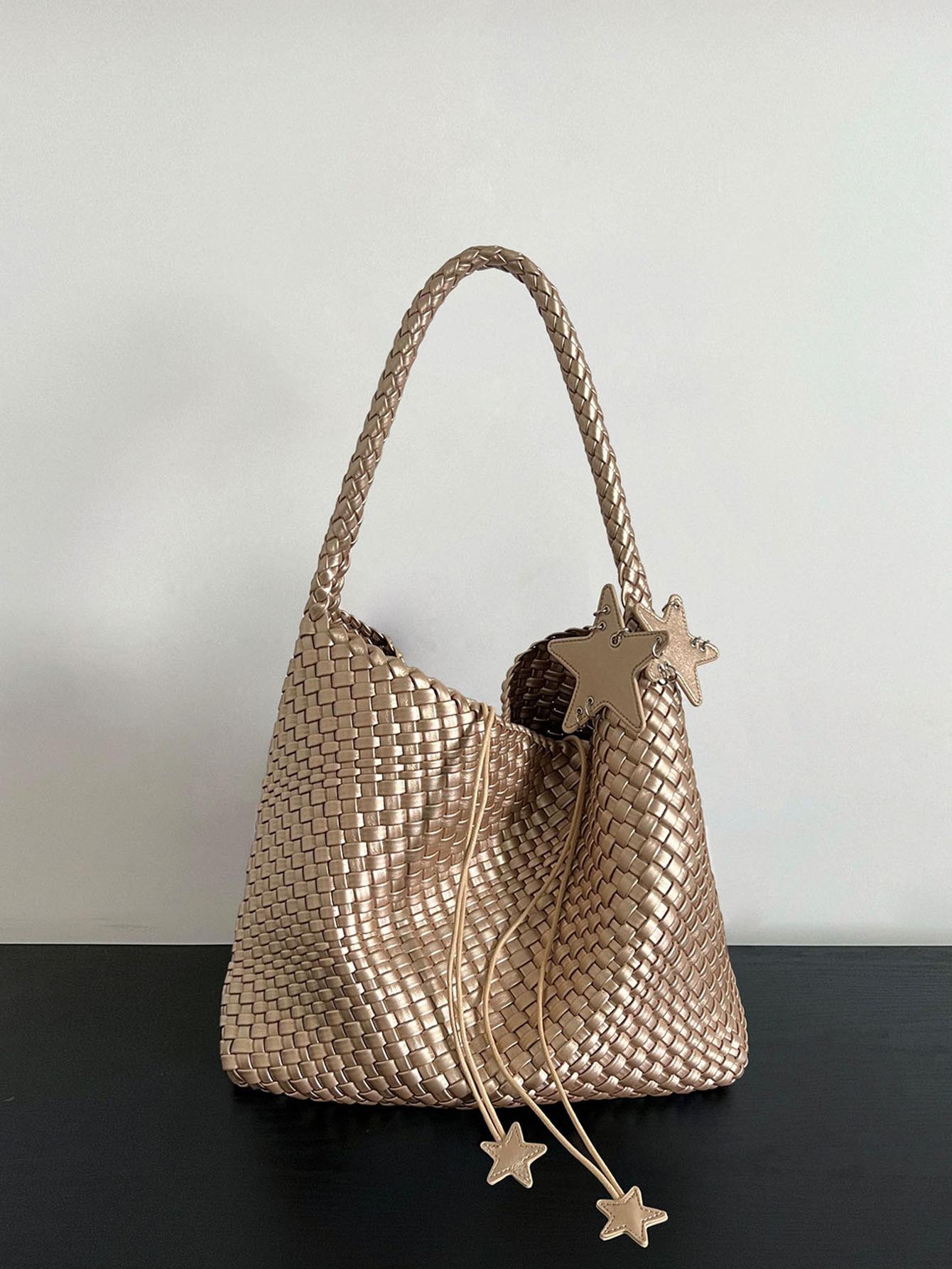 

Premium original design summer champagne woven tote bag large capacity commuter shoulder bag women s fashion