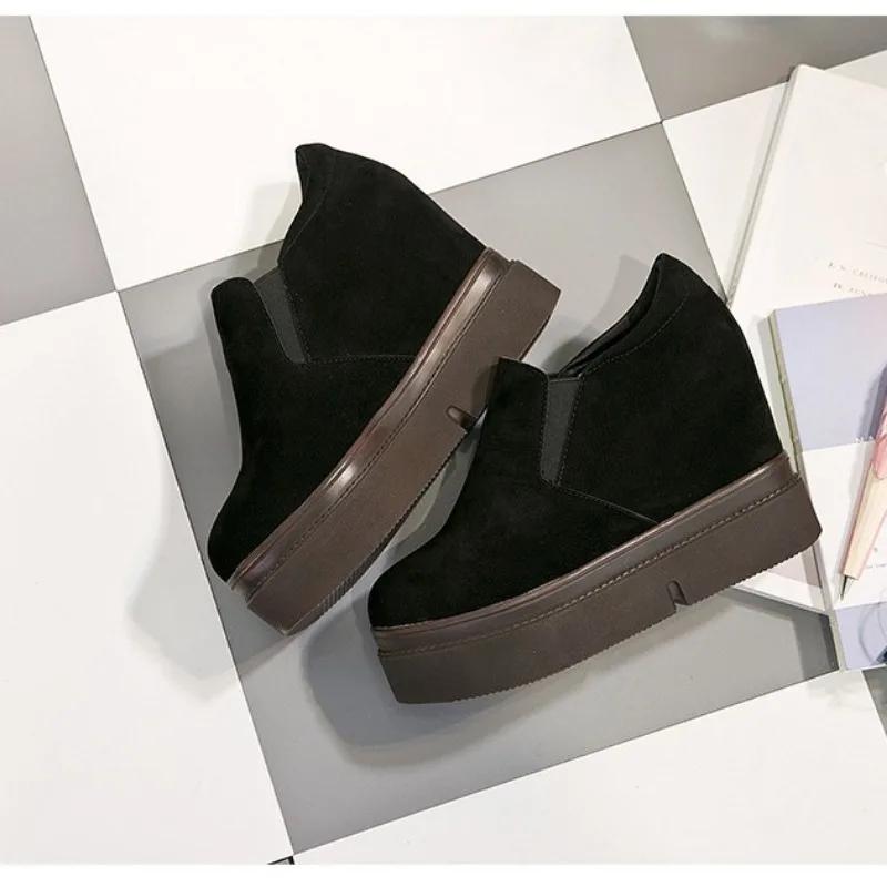 Fashion 10CM Microfiber Platform Wedge Sneaker Women Shoes Hidden Heels Black Women Loafers Autumn Spring Winter Retro Plush Warm Boots