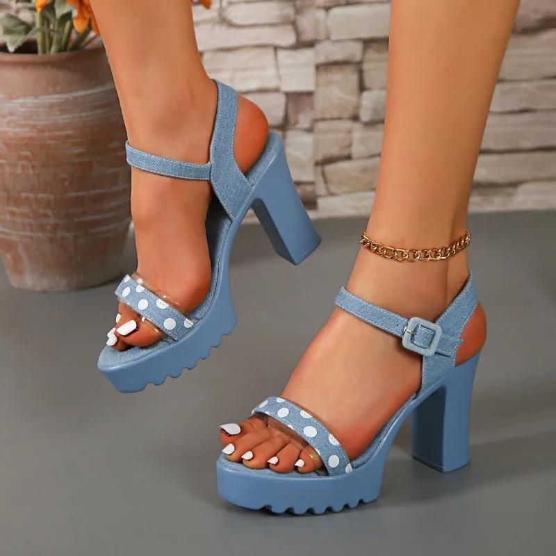Summer New Style Thick Heel Sandals Women Round Head Cloth Polka-dot Waterproof Platform Anti-slip Wear-resistant High Heels