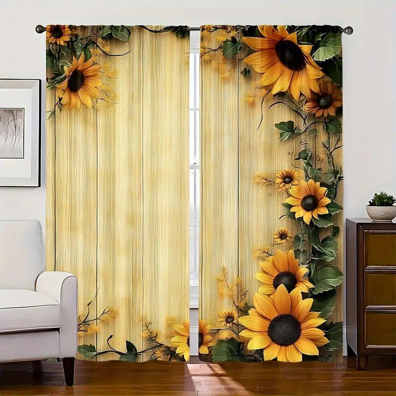 Retro Bright Sunflower - Pole Bag Curtains, Bedroom And Kitchen Decoration, Home Decoration, Living Room Decoration