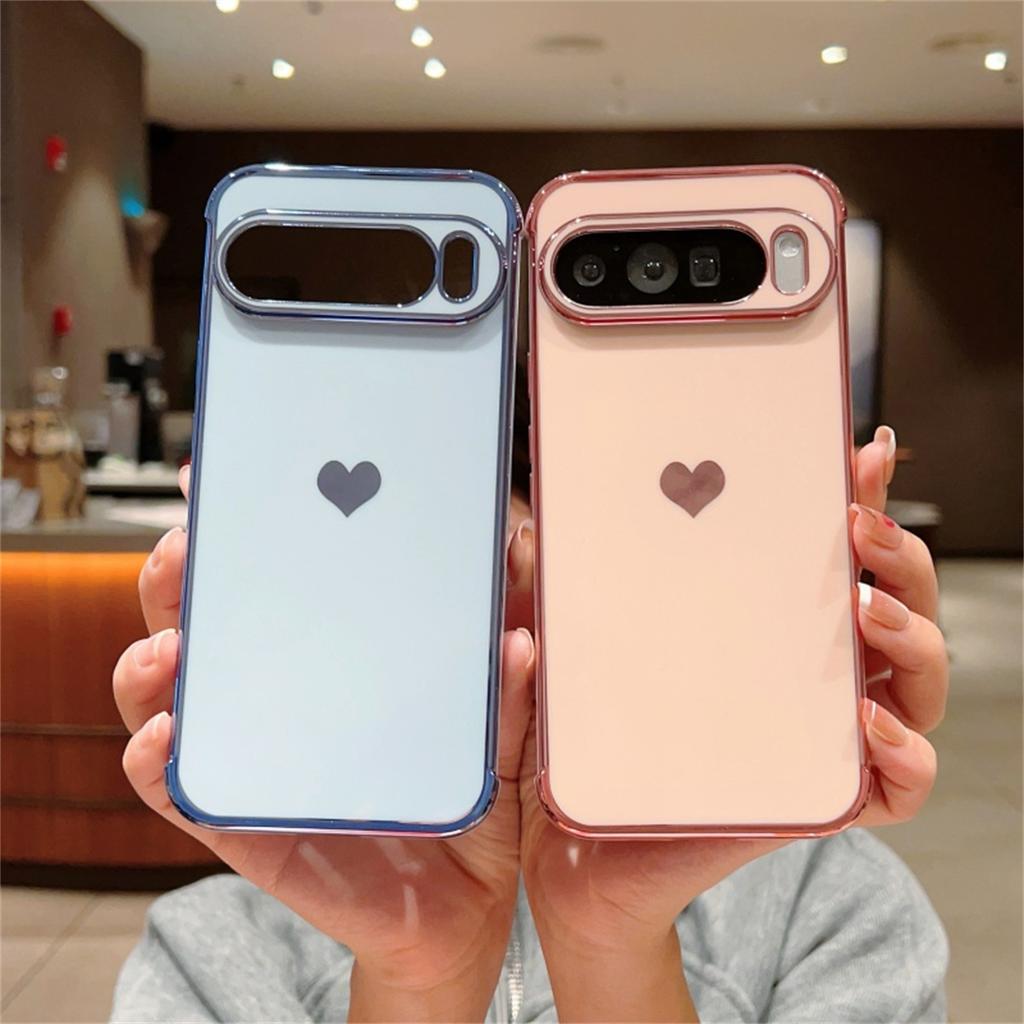 Trendy Glossy Plating Love Heart Soft TPU Case For Google Pixel 10A 10 9 Pro XL 8 7 A Skin-friendly Shockproof Bumper Back Cover