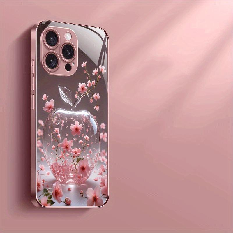 Cherry Blossom For Apple Pattern Pink Metal Paint Tempered Glass Case For iPhone 17 16 15 14 13 12 Pro Max Plus 16E 17Air Cover