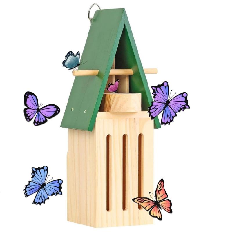 Hanging Butterfly Shelter Weather Resistant Wooden Habitat Feeder For Outdoor Garden