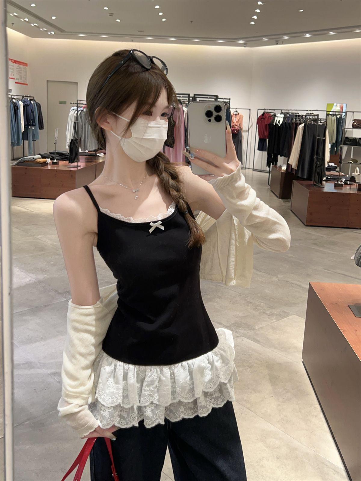 

Женская милая кружевная многослойная майка: Стильный, универсальный жилет-пуловер для весны и лета Large чёрный