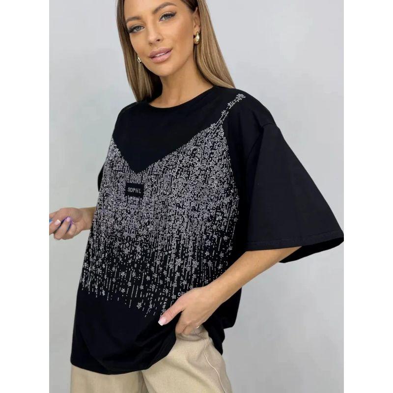 Fashion Style New Arrival Loose Easiest for Match Short Sleeve Hot Drilling Cotton T-shirt Loose Diamond Studded T-shirt