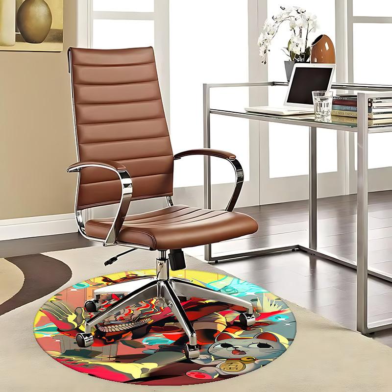 1pc Anime Cat with Skull Headphones Round Carpet - Office Chair Mat, Non-Slip Rug for Home Decor, Living Room