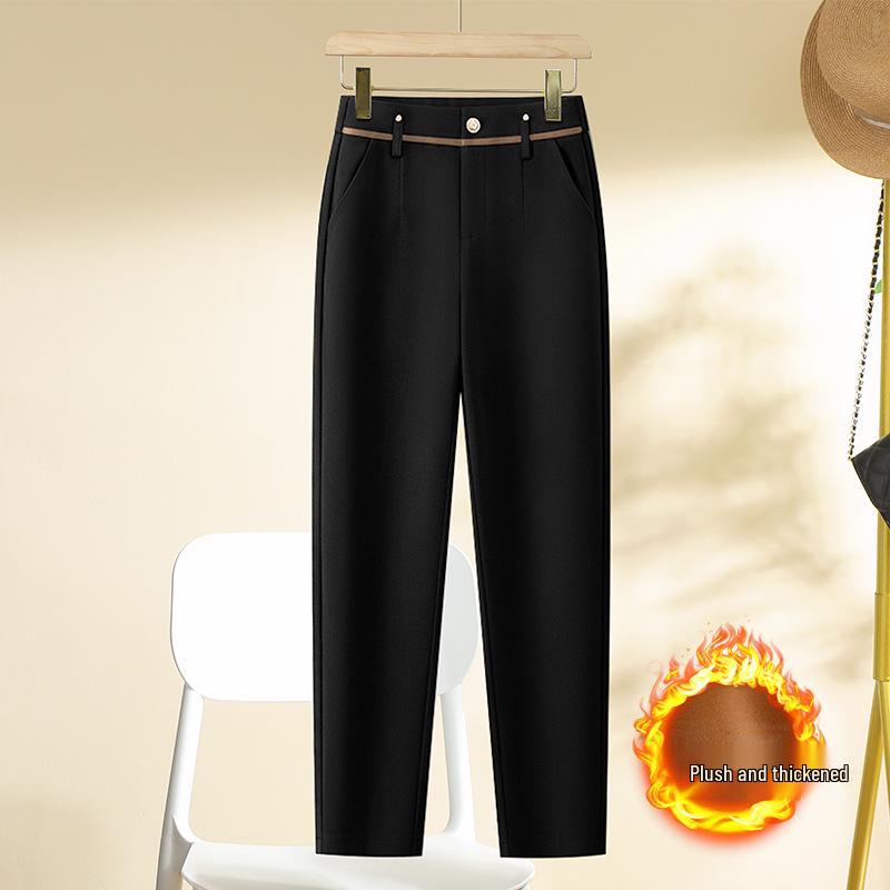 Dámské vlněné harémové kalhoty s vysokým pasem - Podzim Zima 2024, Silně podšité fleecem, Zeštíhlující, Kalhoty s rovnými nohavicemi.