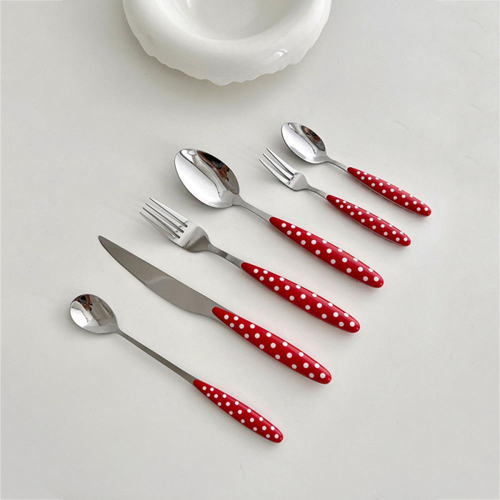 

Red Polka Dot Dessert Cutlery Set - Stainless Steel Spoon Fork with Plastic Handle, Coffee Spoon Light Food Tableware