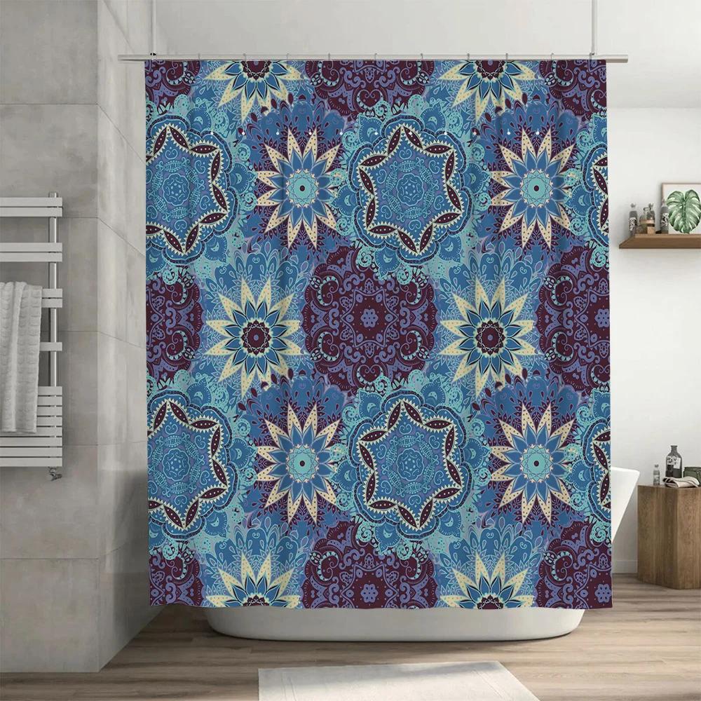 Blue Boho Mandala Bath Shower Curtain Floral Pattern Decorative Rug Mat for Bathroom Polyester Fabric with Hook Loop Holder Ring