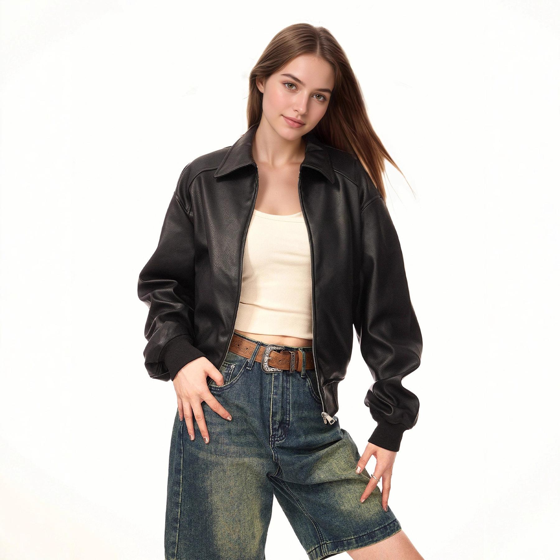 Women s Lapel Collar Long Sleeve Leather Jacket Loose Fit Vintage Zipper PU Coat S