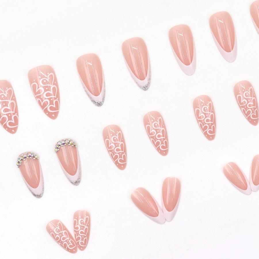 European Almond Shape White Heart-Enhancing Long Pointed Shiny Nails
