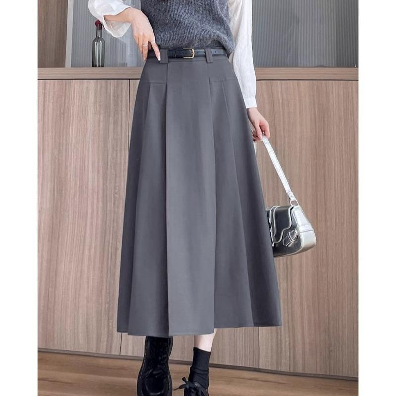 High Chic Gray Skirt Pleated Waist Slimming Midi Length Elegant Long Skirt For Ladies