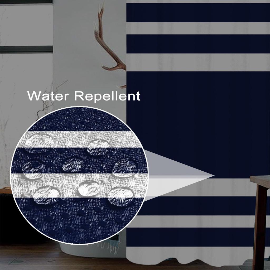 White Navy Blue Shower Curtain for Bathroom 72x72inches Boho Navy Blue and White Striped Waffle Shower Curtain Set with Hooks Bohemia Geometric